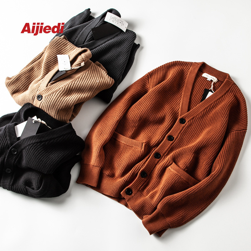Solid Color Couple's Jacket Knitted Sweater Japanese Vintage Thickened Loose Knitted Cardigan Coarse Wool Sweater V-Neck Cotton