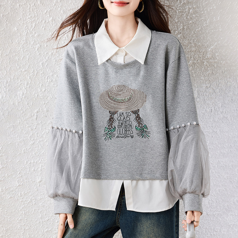 Real Shot of Autumn and Winter New Designer Style Beaded Large Size Fashionable Slim Long-Sleeved Sweatshirt