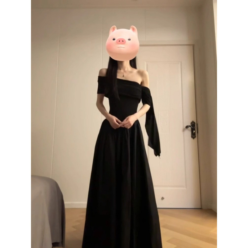 Black One-Shoulder Long Royal Sister Style Banquet Dress for Women Summer 2025 New Long Dress Dress Skirt