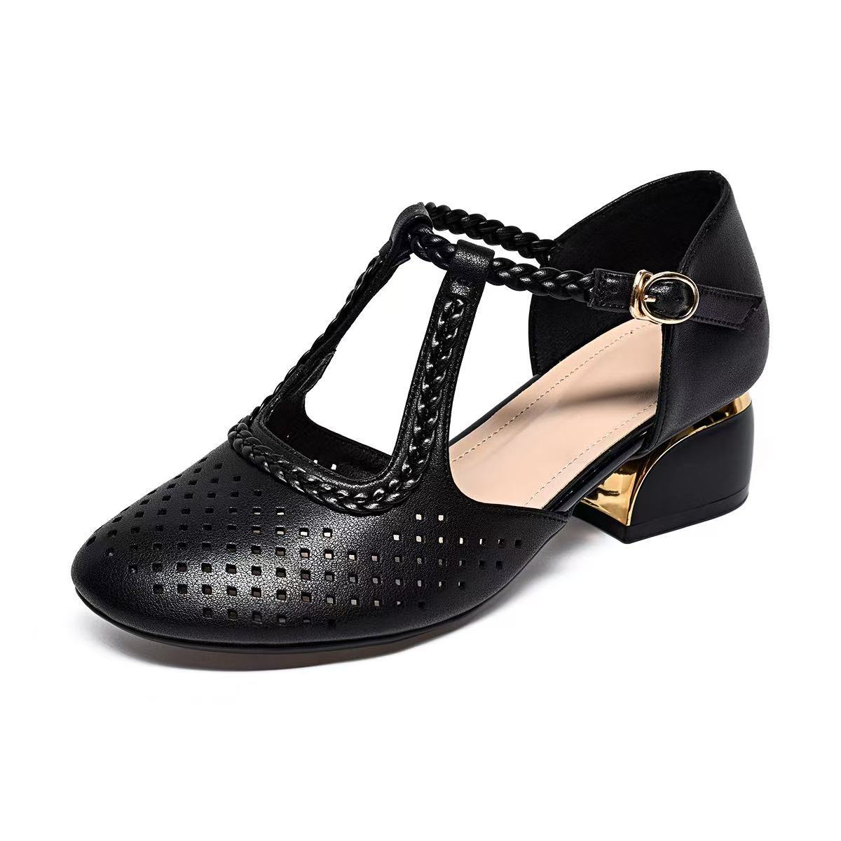 Sandal nữ da thật mũi tròn hở mũi gót thấp quai đơn — Màu đen