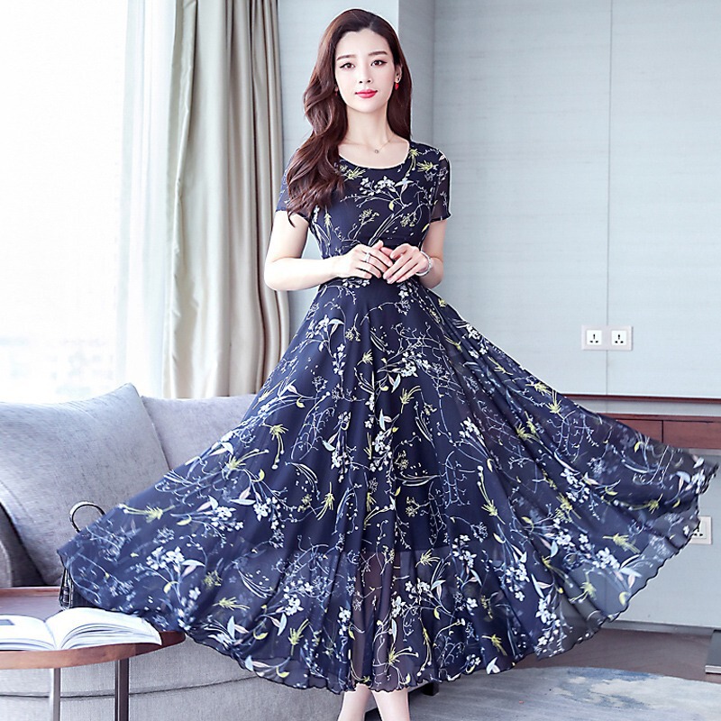 Summer 2022 new middle-aged Ice Silk long skirt temperament slim floral slim long dress women Summer 2022 new middle-aged Ice Silk long skirt temperament slim floral slim long dress women