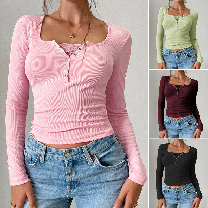 Cross-Border Export 2025 Autumn and Winter European and American Y2K Slim Lace Button U-Neck Rib Top Women's Clothing