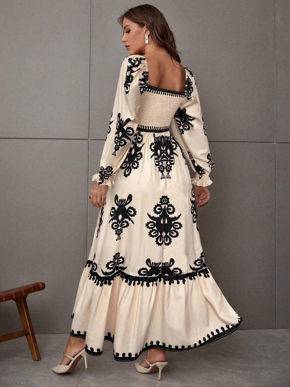 322g Weight Wholesale Women's Elegant Streetwear Printing Holiday Banquet Selfie Square Neck Long Sleeve Sheath Dress