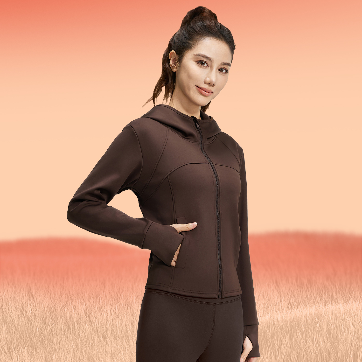 Juyi Tang otoño invierno miel de melocotón juego deportivo abrigo suelto bolsillo capuchón de lana grueso juego de yoga