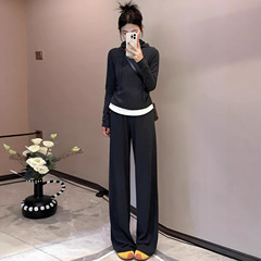 假两件时尚套装女拼接连帽上衣秋装爆款休闲撞色T恤直筒裤一整套