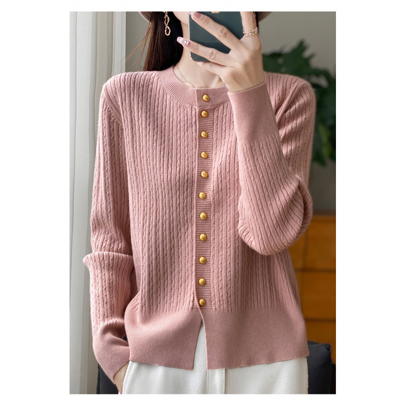 Primavera y otoño de alta calidad invierno nuevo estilo de cuello redondo jersey de punto cardigan suéter de mujer chaqueta suelta flor de nézel con camisa de base