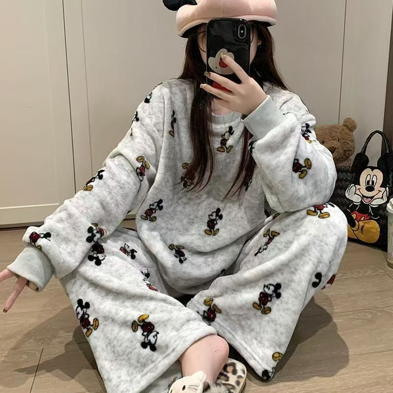 韩国风少女珊瑚绒睡衣女冬卡通初中生可爱米粒绒保暖家居服可外穿