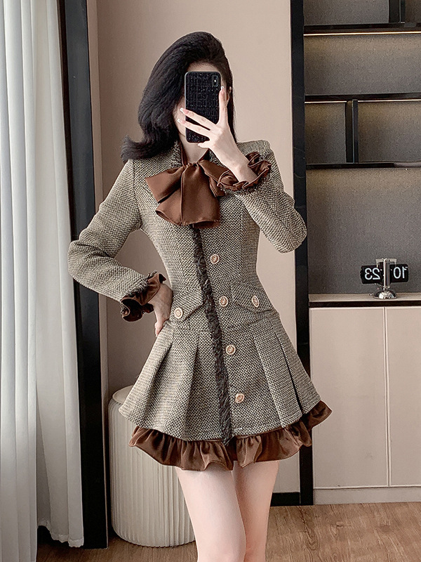 轻奢小香风连衣裙女秋冬季新款拼接假两件修身显瘦粗花呢百褶裙子|undefined