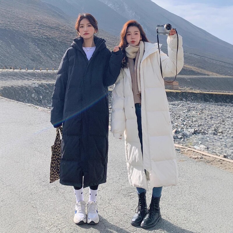 Black Long down Cotton Coat for Women, Over-The-Knee, 2026 Winter New Style, Thickened Student Cotton Jacket