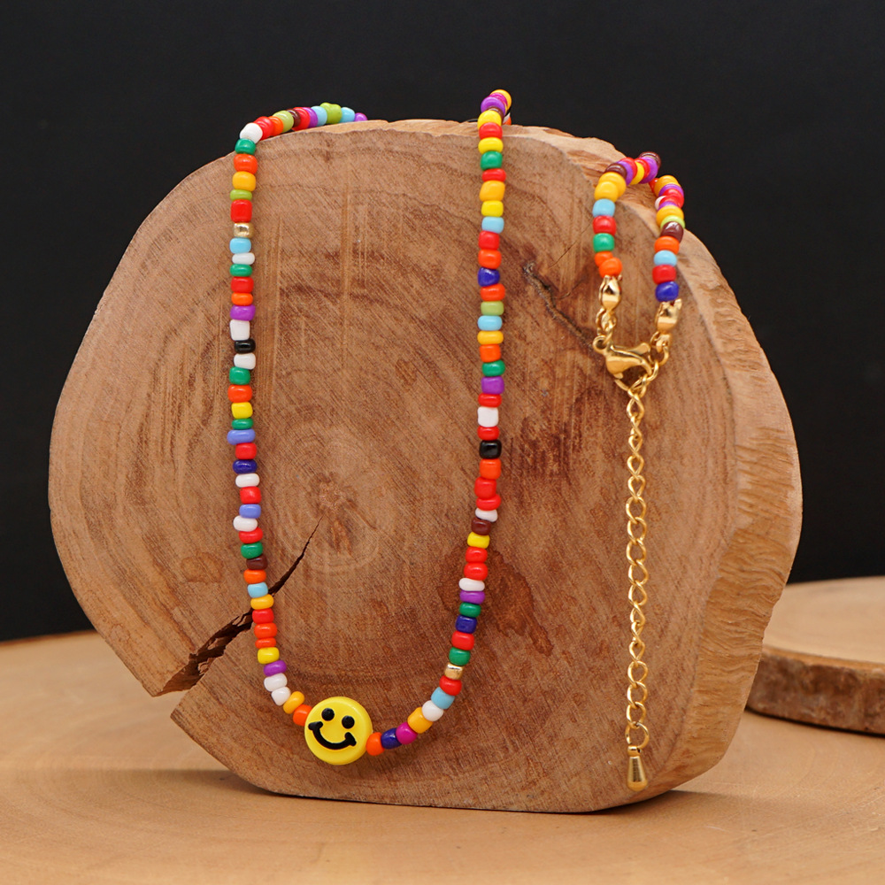 Bohemia Rainbow Glass Rice Beads Handmade Beaded Yellow Smiley Face Necklace display picture 5