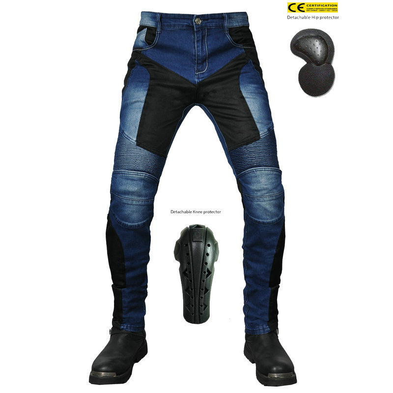 Pantalones vaqueros de la motocicleta de malla de verano para hombres y mujeres pantalones de motocicleta transpirables pantalones de montar a prueba de caídas al aire libre equipo de protección alargado CE