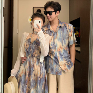 Bali Travel Couple Wear Summer Casual Shirt Seaside One Dress One Skirt Beach Vacation Style Suspender Dress