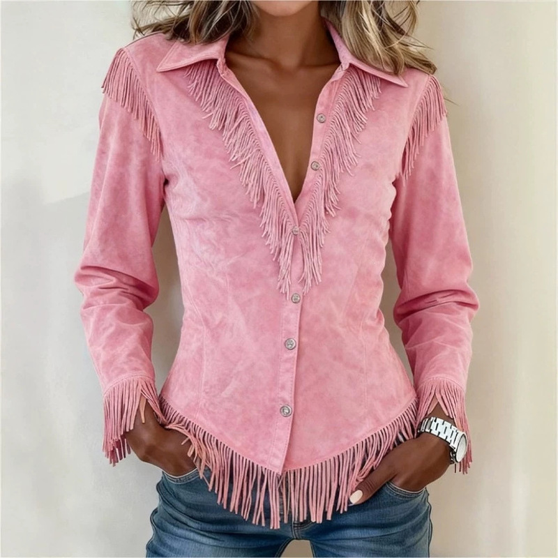 Independent Cross-Border Amazon 2026 Western Cowboy Style Suede Tassel Slim-Fit Women's Patchwork Long-Sleeve Shirt Independent Cross-Border Amazon 2026 Western Cowboy Style Suede Tassel Slim-Fit Women's Patchwork Long-Sleeve Shirt