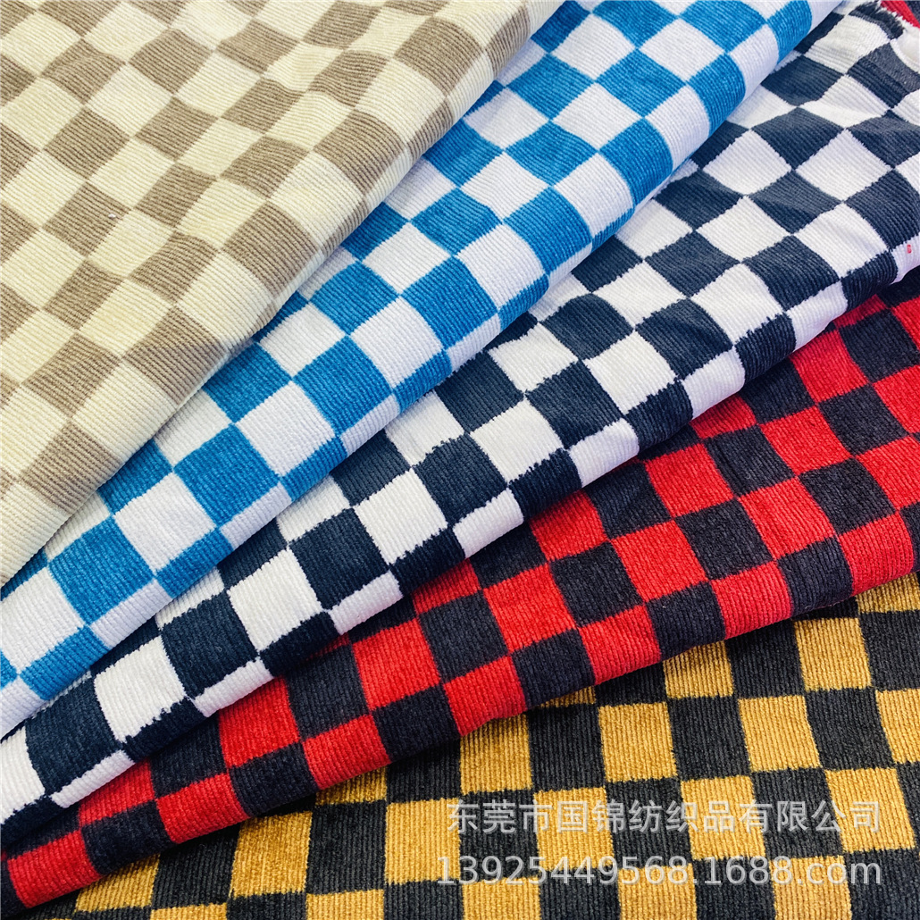 秋冬新款锦涤灯芯绒印格子2CM简约时尚条绒印方格女装连衣裙面料