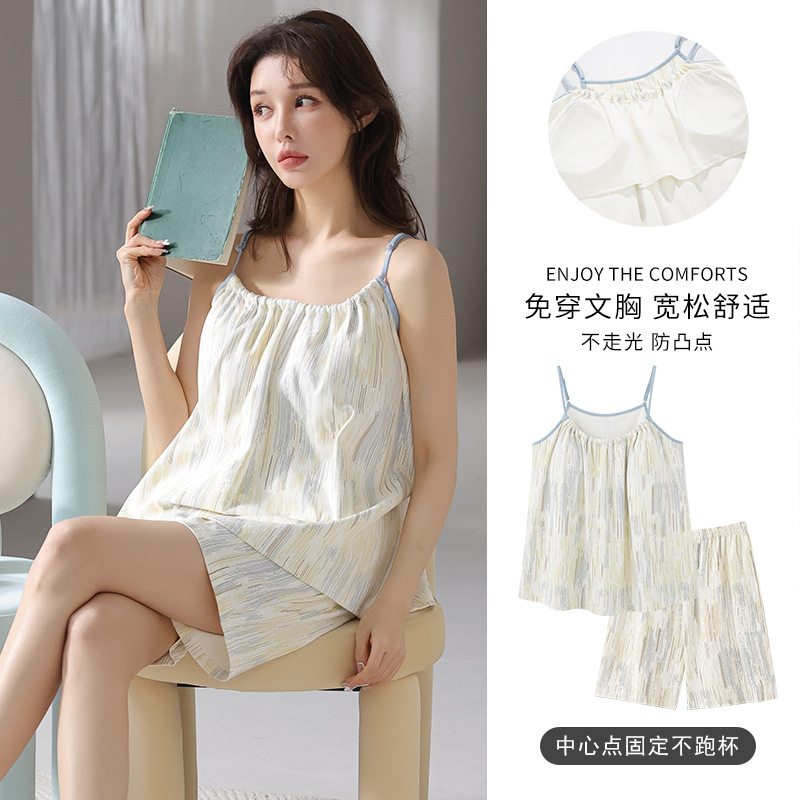 100 Pure Cotton Pajamas Women's Summer Loose Sling Two-piece Set Fresh Casual Shorts with Chest Pad Home Clothes