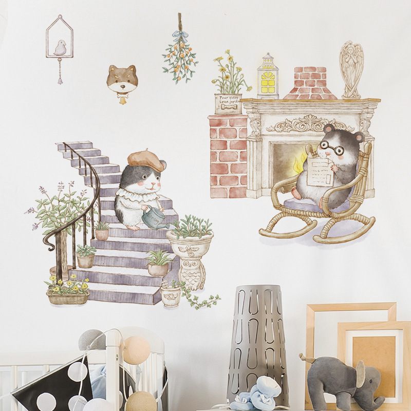 水彩动物卧室装饰贴纸沙发背景墙面装饰贴纸温馨墙面贴 童话壁炉