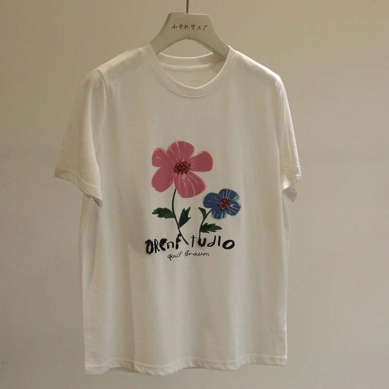 Self-Recommendation + Crazy Hype! Hand-Sewn Beaded Floral Short-Sleeve T-Shirt for Women, Summer Thin White Loose Round-Neck Top
