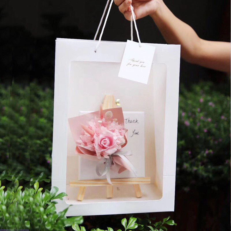 鲜花手提袋白色花束礼品包装花材料店包装袋子手工礼盒干花