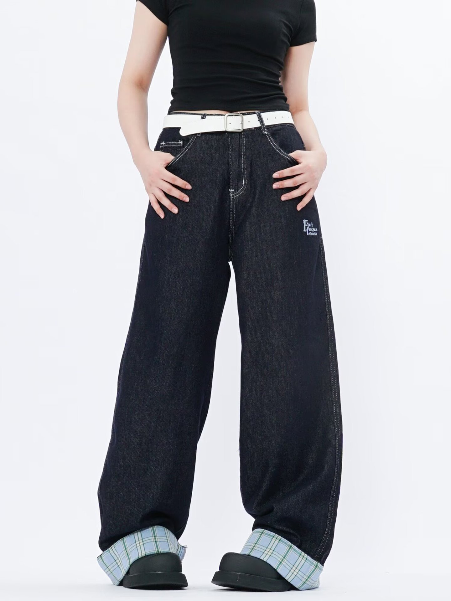 American Style Straight-Leg Rolled Hem Jeans Men Women, Spring And Autumn New Loose Patchwork Plaid Blue Pants For Men,_mkmklike.com