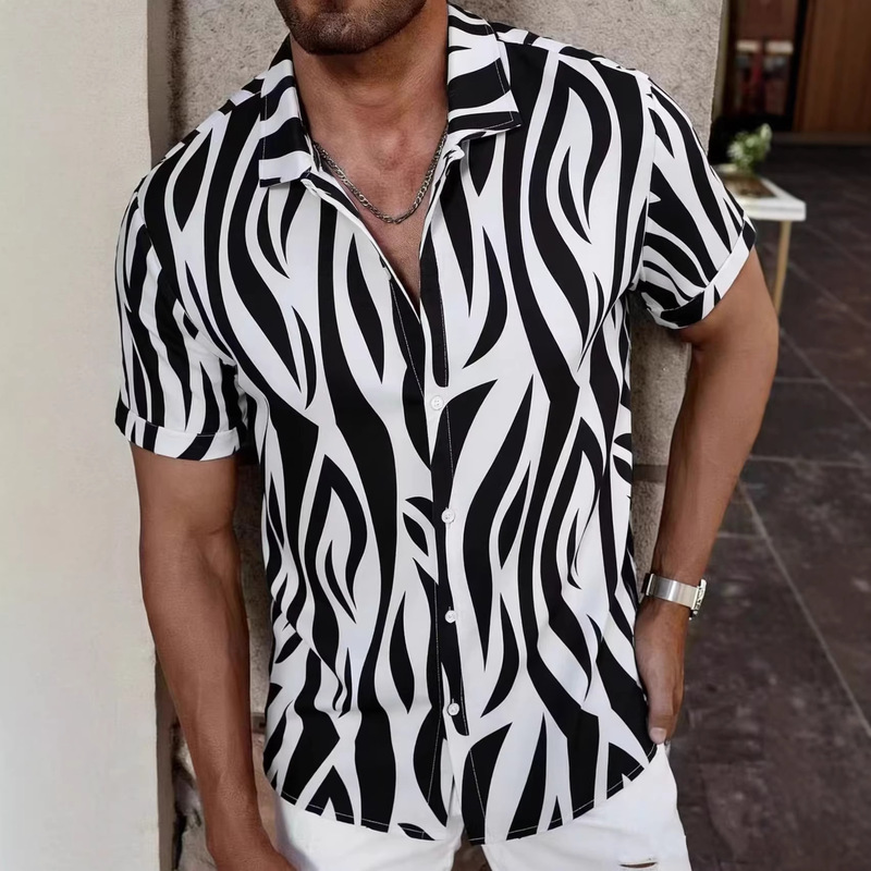 Casual Men's Black and White Striped Men's Short Sleeve Shirt Men's Shirt Summer 2025 New Hawaii Vacation Casual Men's Black and White Striped Men's Short Sleeve Shirt Men's Shirt Summer 2025 New Hawaii Vacation