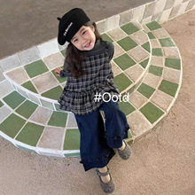 女童韩版时尚套装2025秋季新款上衣两件套格子百搭直筒牛仔裤爆款