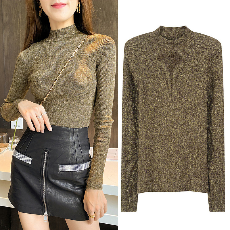 Autumn Women's Clothing 2020 New Slim-Fit Shiny Silk Half-High Collar Knit Sweater, Glittery Silk Top, Long-Sleeve Fashion Base Shirt Autumn Women's Clothing 2020 New Slim-Fit Shiny Silk Half-High Collar Knit Sweater, Glittery Silk Top, Long-Sleeve Fashion Base Shirt