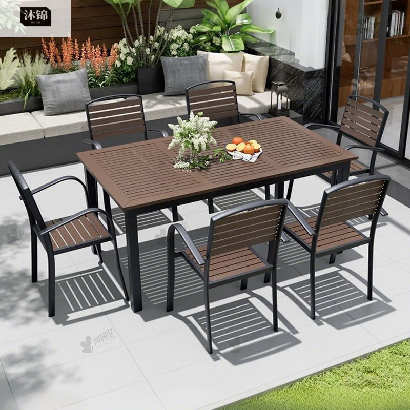 Outdoor Brown Plastic Wood Tables and Chairs, Simple Anti-Corrosion Wood Tables and Chairs, Waterproof and Sun-Proof Balcony Garden Villa Courtyard Leisure