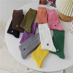 Spring and summer new solid color R letter vertical stripe pile socks Korean college style women's socks ins trendy Japanese mid-tube socks