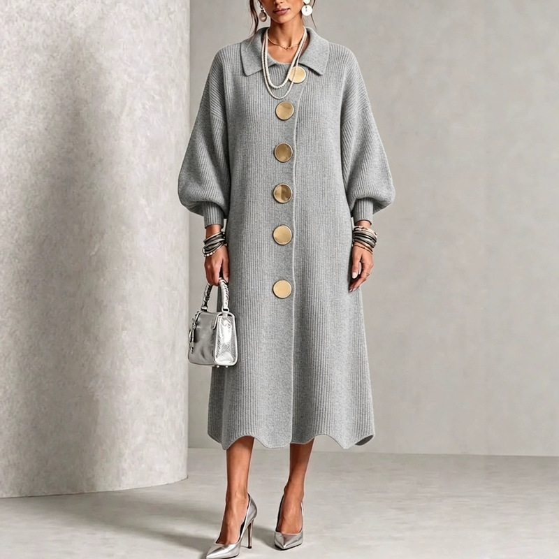 2026 European and American cross-border knitted dress with metal buttons, new autumn/winter collection, solid color, casual, fashionable, and versatile 2026 European and American cross-border knitted dress with metal buttons, new autumn/winter collection, solid color, casual, fashionable, and versatile