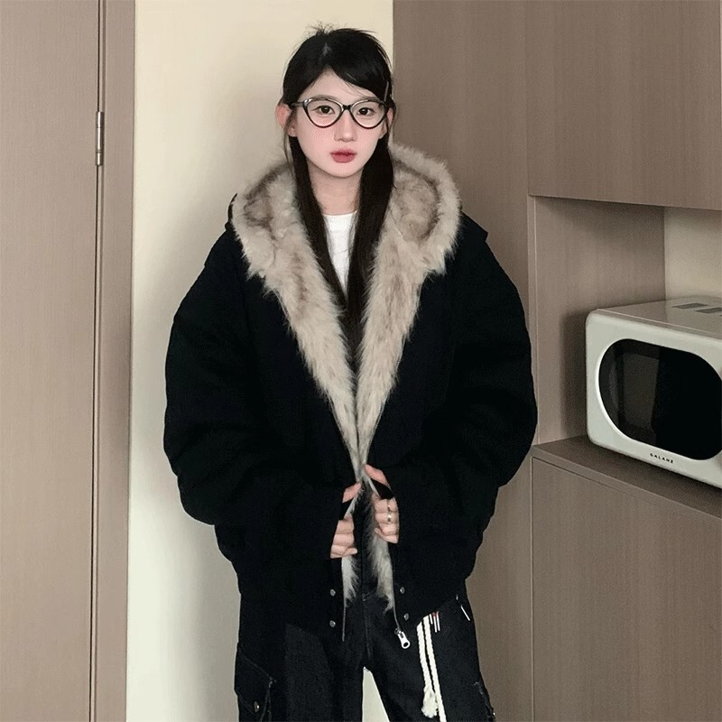 座山雕毛茸茸毛领棉服外套男女加绒加厚夹克美式cleanfit冬季棉衣|undefined