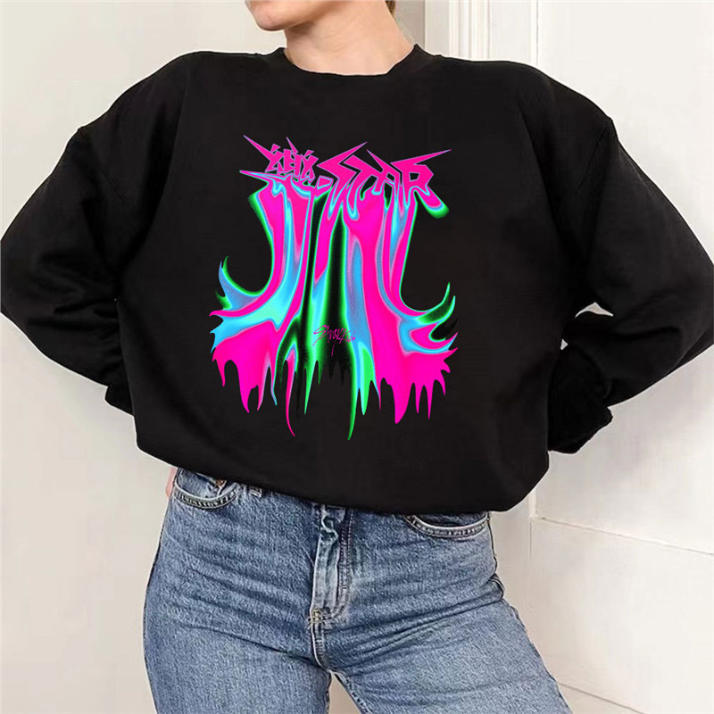 stray kids vagrant children star paste retro liquid printed logo autumn and winter round neck fleece-lined sweater long sleeve