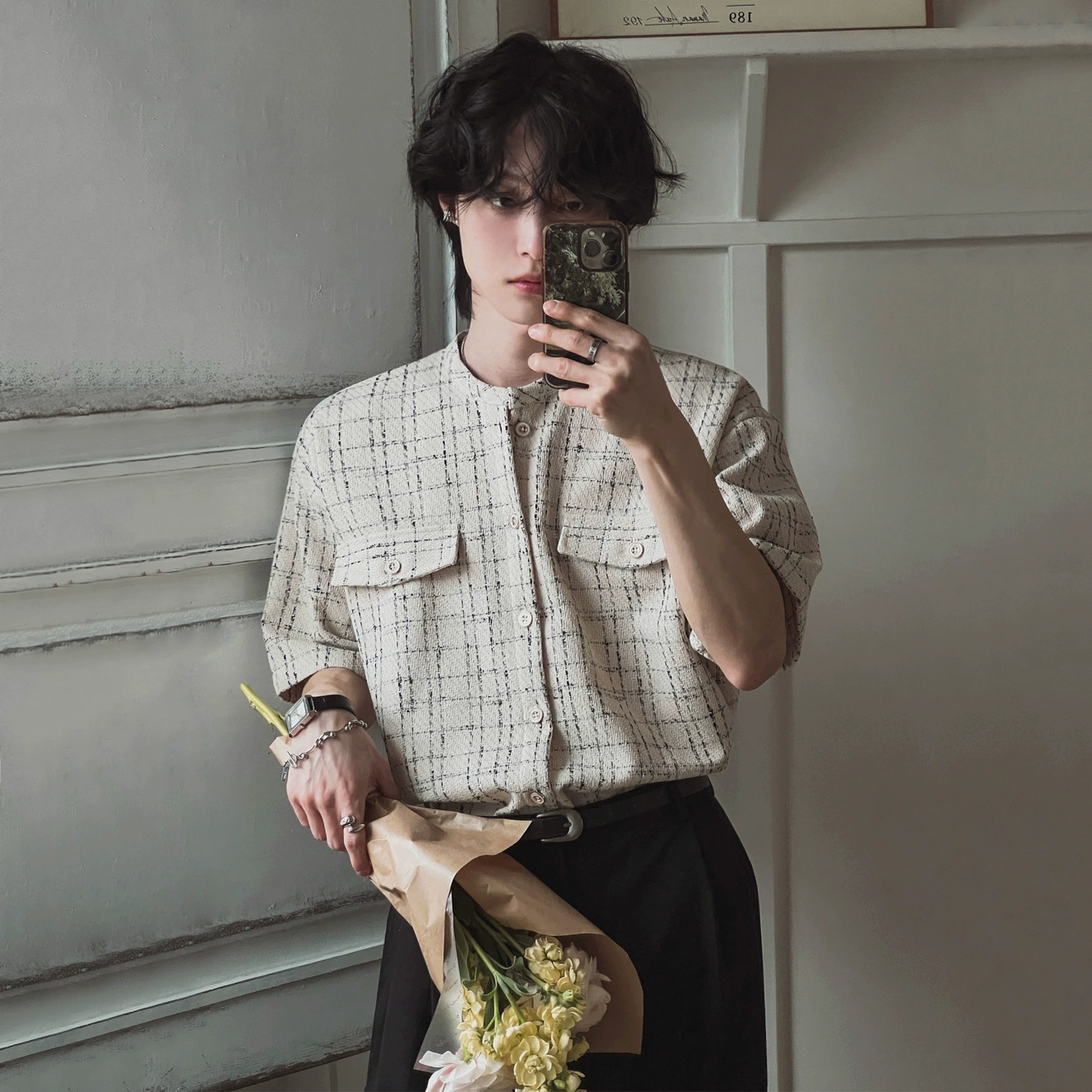 MYQ Xiao Xiangfeng рубашка с короткими рукавами мужская летняя свободная повседневная рубашка корейская полосатая пригородная кардиган с круглым вырезом