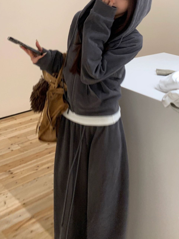 SUNONEOE100棉高克重水洗卫衣套装女秋冬短外套休闲宽松运动裤子|undefined