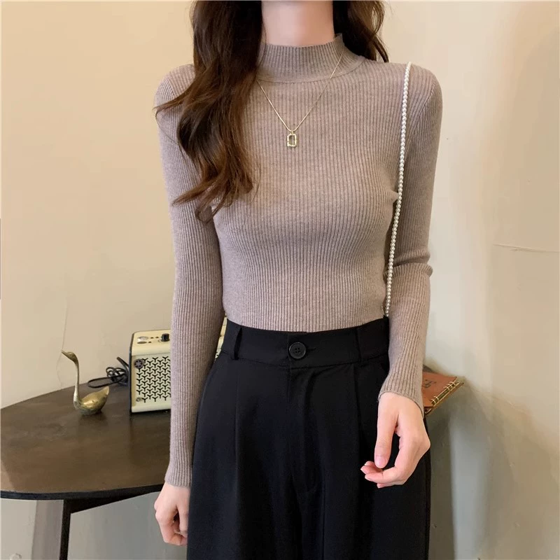 Осень длинный рукав, базовый базовый файл, эластичный свитер, Slim Fit, высокий воротник, корейский стиль