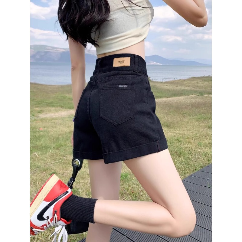 黒デニムショートパンツ女性の夏薄型多用途新大きいサイズルーズ痩身ハイウエストカールホットパンツ|undefined