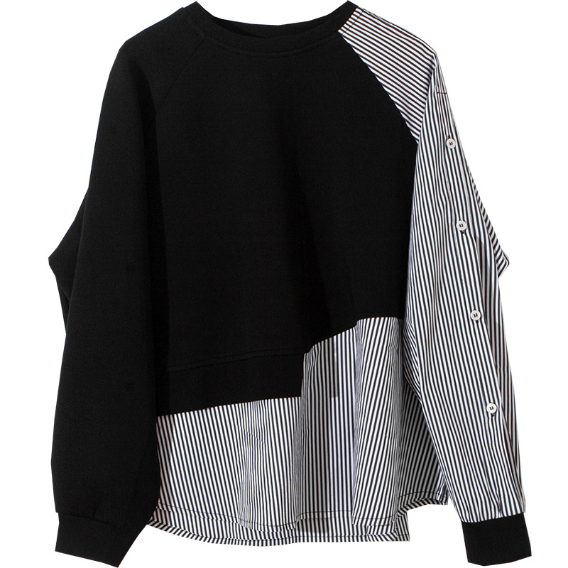 Women's Clothing Unconventional design, niche stitching, round neck sweatshirt for women, autumn new irregular stripes, loose cotton top_voghion.com