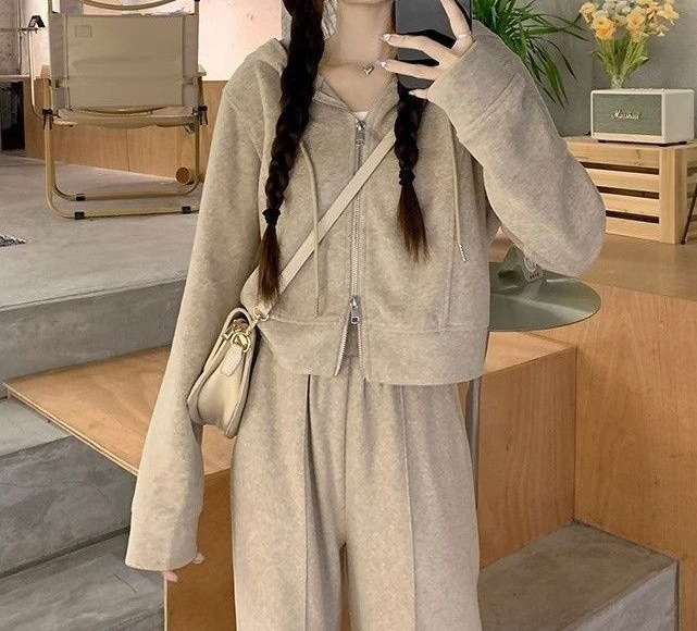 女装外出阔腿裤春秋拉链卫衣新款两件套连帽休闲运动套装女2025年|undefined