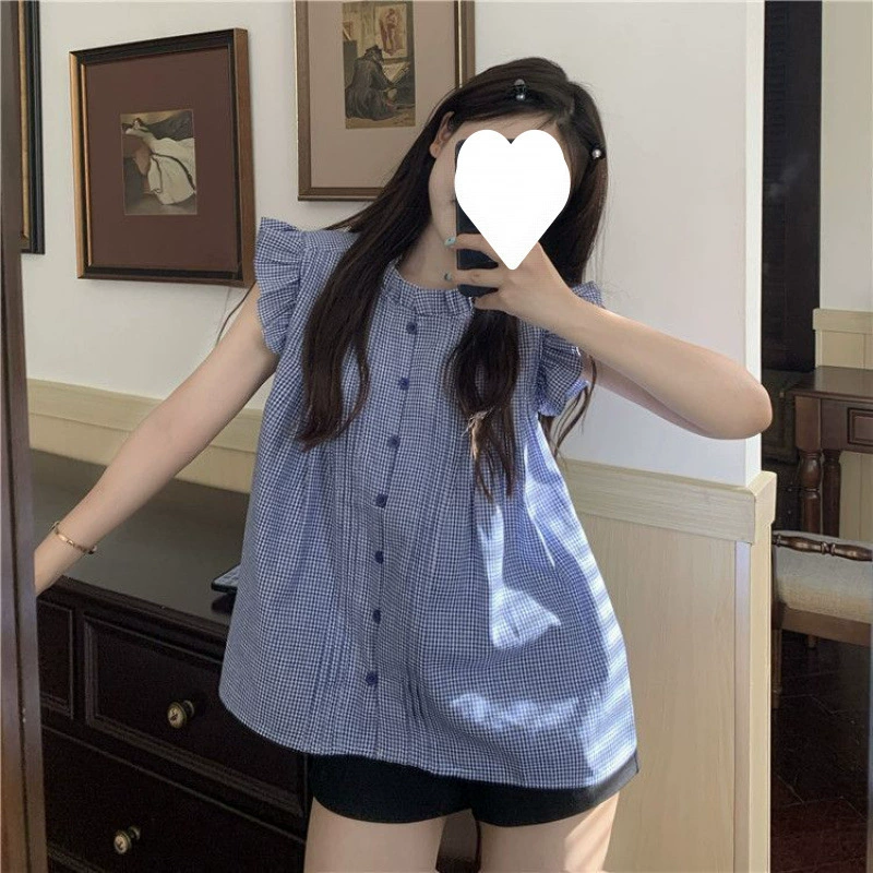 Французский дизайн, милая белая клетчатая рубашка с летящими рукавами, женская летняя нишевая шикарная рубашка без рукавов, топ babydoll