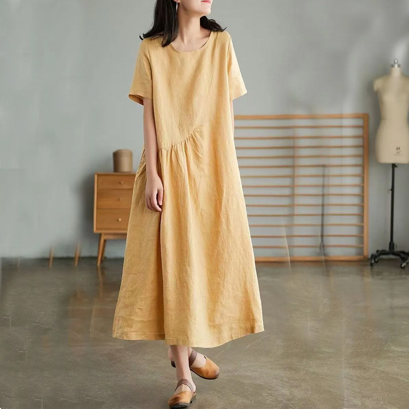 Cotton and Linen Comfortable Loose Mid-Length Dress with Short Sleeves, New Summer Style, Versatile, Slimming, Plus-Size Women's Clothing Cotton and Linen Comfortable Loose Mid-Length Dress with Short Sleeves, New Summer Style, Versatile, Slimming, Plus-Size Women's Clothing