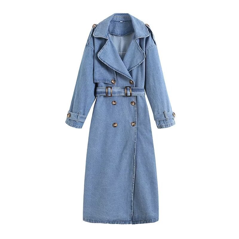 Cross-Border Wholesale European and American Style Women's Clothing New British Style Loose Double-Breasted Belted Denim Windbreaker Jacket Coat