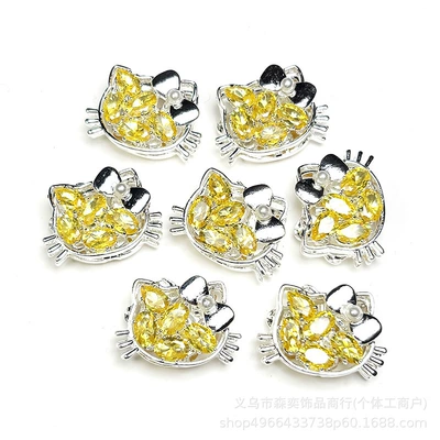 Beading Phone Chain Accessories, Zərgərlik ara hissələri - yellow-zirconium-on-silver-background-double-sided-zirconia-through-hole-kt-cat-head