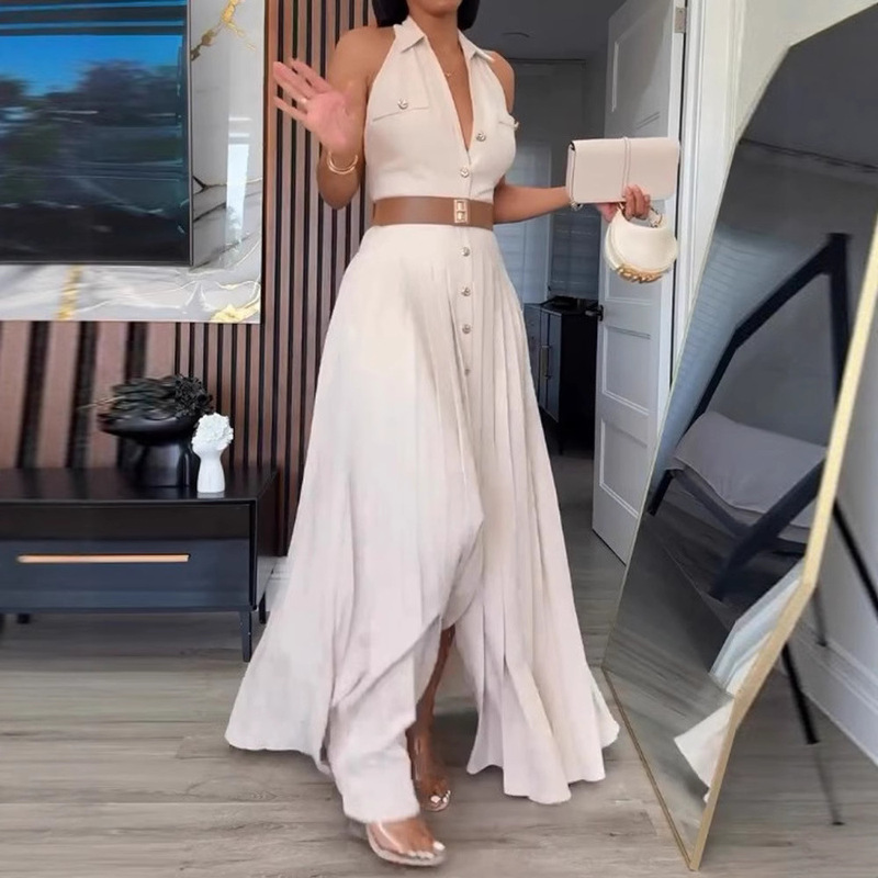 2025 European and American Export Women's Clothing Elegant Pure Color Sleeveless Backless Waist Women's Mid-Length Shirt Dress