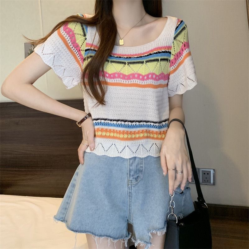 短いタイプの百円襟の甘い半袖tシャツの女性の夏の新型はやせて薄いニットの服がお腹を覆います。|undefined