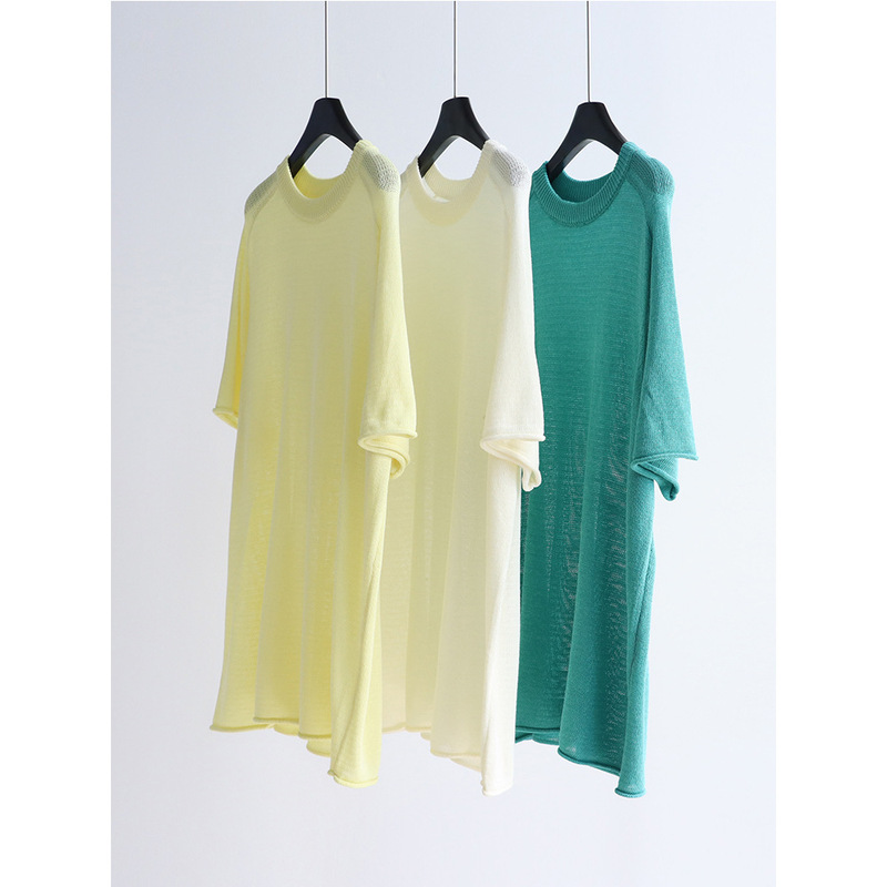 Lyocell + Linen Row Style Loose-Fitting Short-Sleeved Knitwear Mid-Length Lazy Spring and Summer Pullover with Casual Hem Lyocell + Linen Row Style Loose-Fitting Short-Sleeved Knitwear Mid-Length Lazy Spring and Summer Pullover with Casual Hem