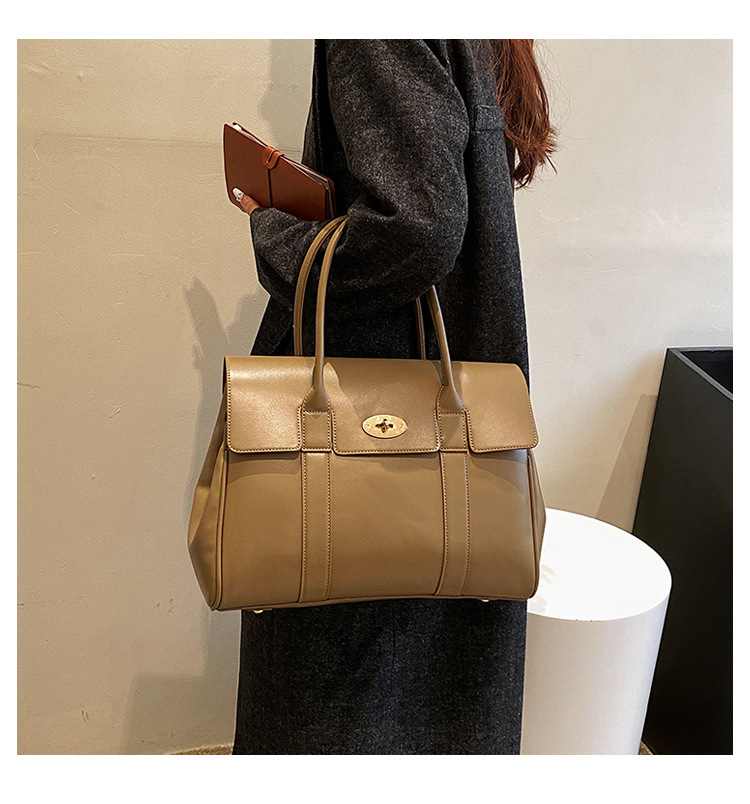 Casual, Business Occasion Women's Large Pu Leather Solid Color Elegant Vintage Style Square Lock Clasp Tote Bag