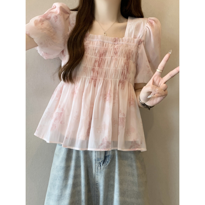 ミントマンボ夏の新しいフレンチスクエアカラー花柄甘い半袖シフォンシャツカレッジスタイルパフスリーブトップ女性用|undefined