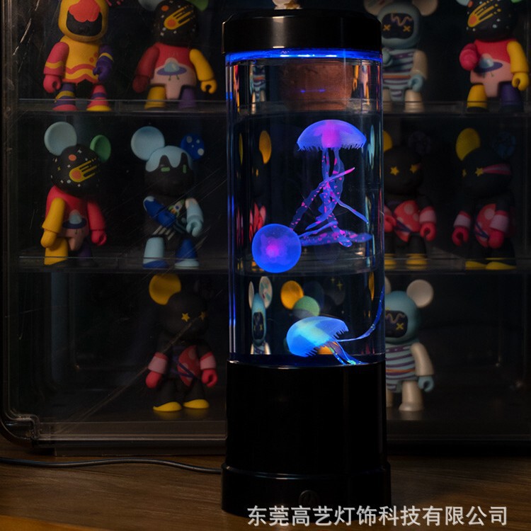 跨境新款中号仿真圆柱LED水母灯usb插电七彩变色氛围夜灯水母灯|undefined