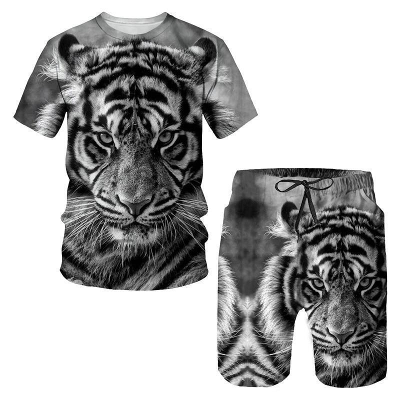 Men's short-sleeved T-shirt suit 3D digital printing tiger beast pattern cross-border e-commerce round neck leisure sportswear