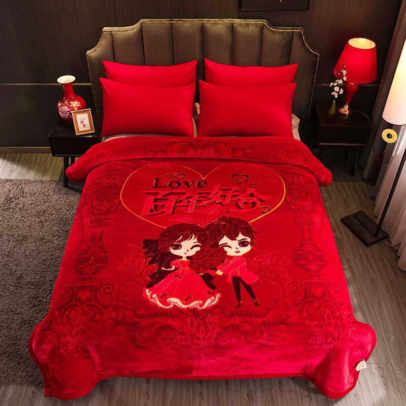 중국 웨딩 담요 큰 빨간 두꺼운 더블 레이어 웨딩 해피 캐릭터 동반 웨딩 겨울 담요 구름 담요 선물 10KG