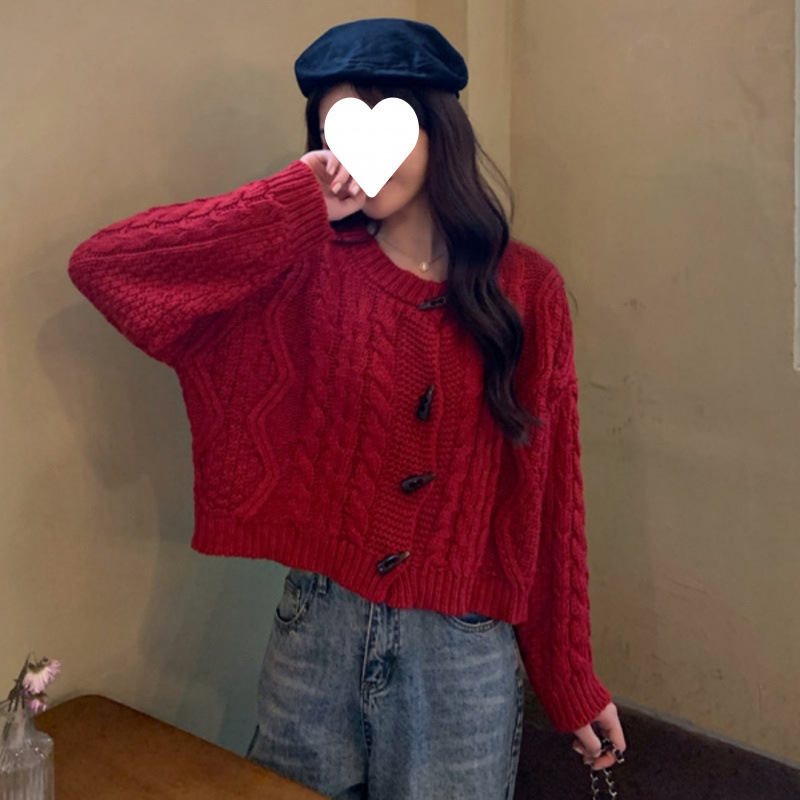 Suéter rojo mujer otoño e invierno con un sentido de diseño nicho retro suave perezoso chaqueta de punto de manga larga en...